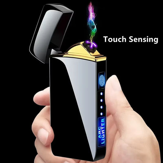 2024 New Windproof Electric Metal Lighter Double Arc Flameless Plasma Lighter USB Rechargeable LED Power Display Touch Sensor